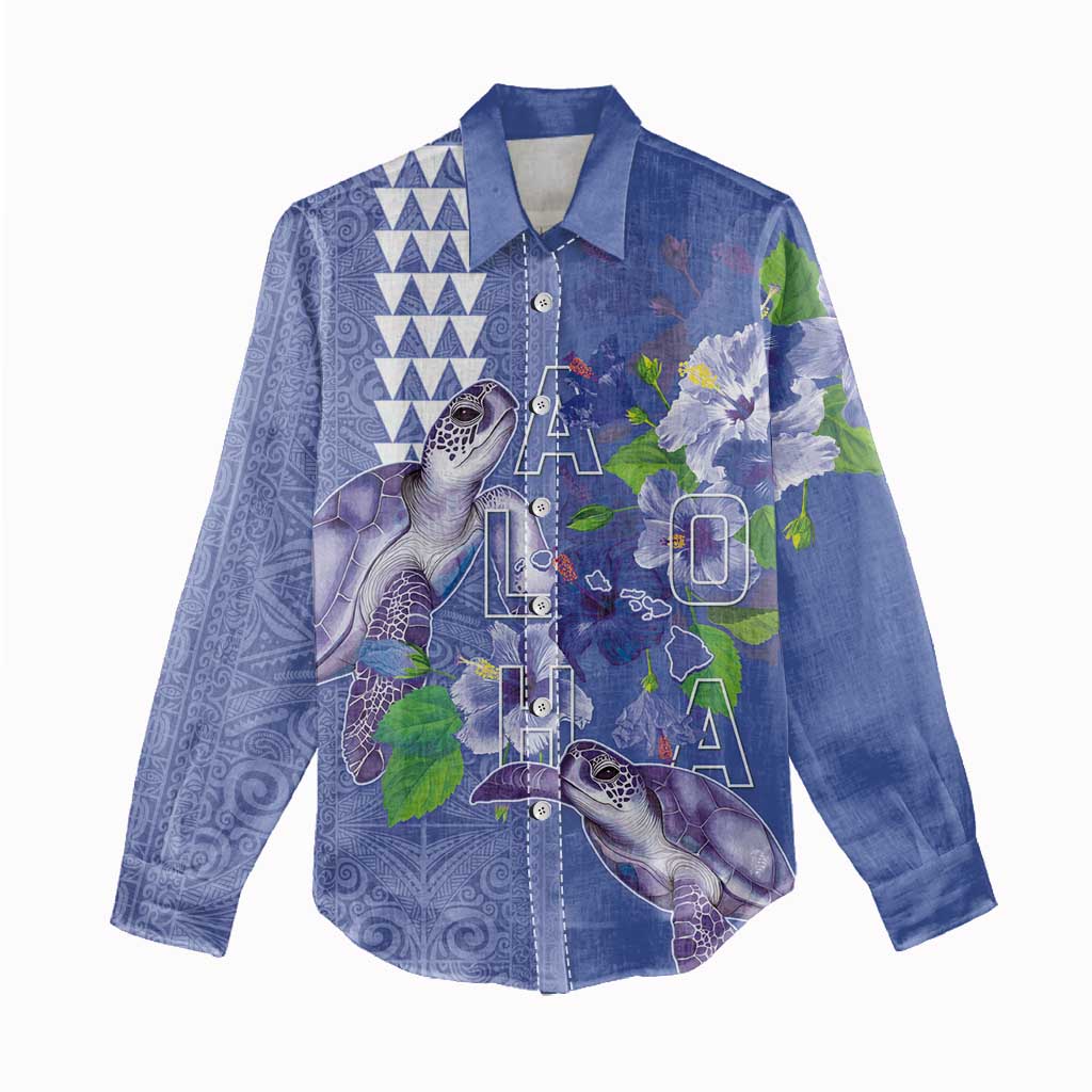 Hawaii Aloha Turtle Hibiscus and Leaves Women Casual Shirt with Polynesian and Kakau Tattoos Denim Color LT03 - Polynesian Pride