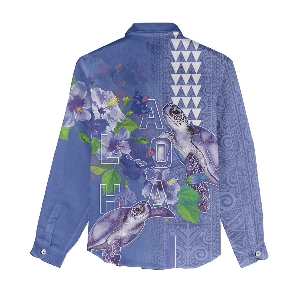 Hawaii Aloha Turtle Hibiscus and Leaves Women Casual Shirt with Polynesian and Kakau Tattoos Denim Color LT03 - Polynesian Pride