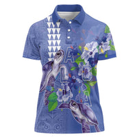 Hawaii Aloha Turtle Hibiscus and Leaves Women Polo Shirt with Polynesian and Kakau Tattoos Denim Color LT03 Female Blue - Polynesian Pride