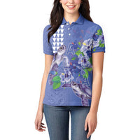 Hawaii Aloha Turtle Hibiscus and Leaves Women Polo Shirt with Polynesian and Kakau Tattoos Denim Color LT03 - Polynesian Pride