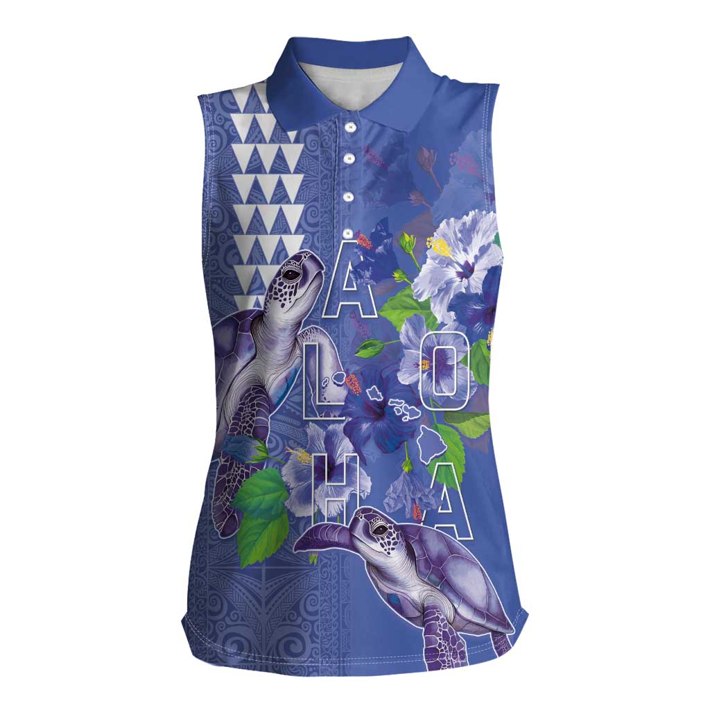 Hawaii Aloha Turtle Hibiscus and Leaves Women Sleeveless Polo Shirt with Polynesian and Kakau Tattoos Denim Color - Polynesian Pride