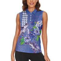 Hawaii Aloha Turtle Hibiscus and Leaves Women Sleeveless Polo Shirt with Polynesian and Kakau Tattoos Denim Color LT03 - Polynesian Pride