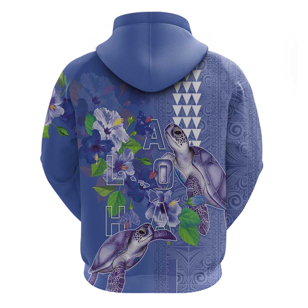 Hawaii Aloha Turtle Hibiscus and Leaves Zip Hoodie with Polynesian and Kakau Tattoos Denim Color - Polynesian Pride