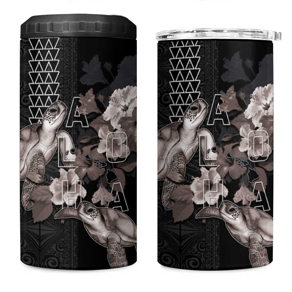 Hawaii Aloha Turtle Hibiscus and Leaves 4 in 1 Can Cooler Tumbler with Polynesian and Kakau Tattoos Black Color LT03 One Size: 16 oz Black - Polynesian Pride