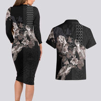 Hawaii Aloha Turtle Hibiscus and Leaves Couples Matching Long Sleeve Bodycon Dress and Hawaiian Shirt with Polynesian and Kakau Tattoos Black Color LT03 - Polynesian Pride