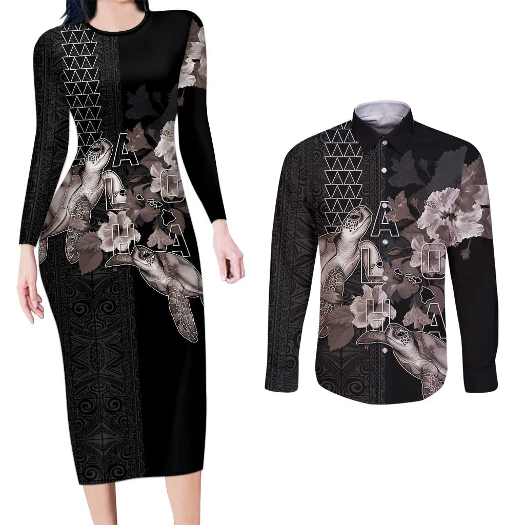 Hawaii Aloha Turtle Hibiscus and Leaves Couples Matching Long Sleeve Bodycon Dress and Long Sleeve Button Shirt with Polynesian and Kakau Tattoos Black Color LT03 Black - Polynesian Pride