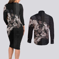 Hawaii Aloha Turtle Hibiscus and Leaves Couples Matching Long Sleeve Bodycon Dress and Long Sleeve Button Shirt with Polynesian and Kakau Tattoos Black Color LT03 - Polynesian Pride