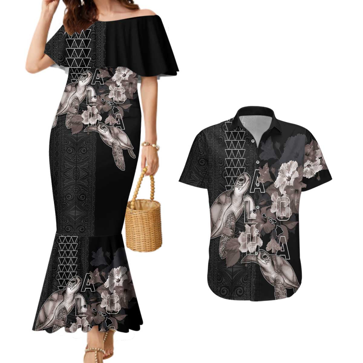 Hawaii Aloha Turtle Hibiscus and Leaves Couples Matching Mermaid Dress and Hawaiian Shirt with Polynesian and Kakau Tattoos Black Color LT03 Black - Polynesian Pride