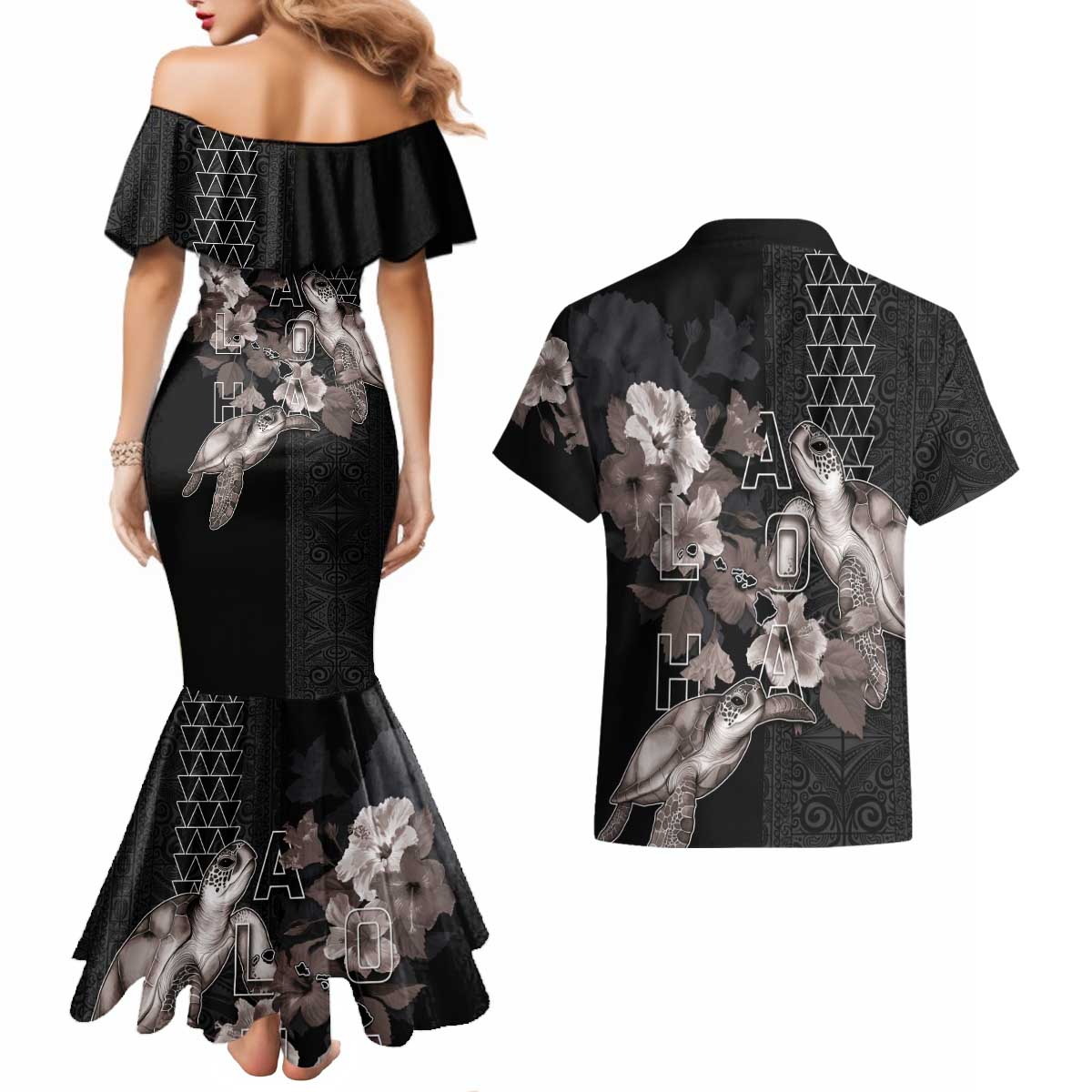 Hawaii Aloha Turtle Hibiscus and Leaves Couples Matching Mermaid Dress and Hawaiian Shirt with Polynesian and Kakau Tattoos Black Color LT03 - Polynesian Pride