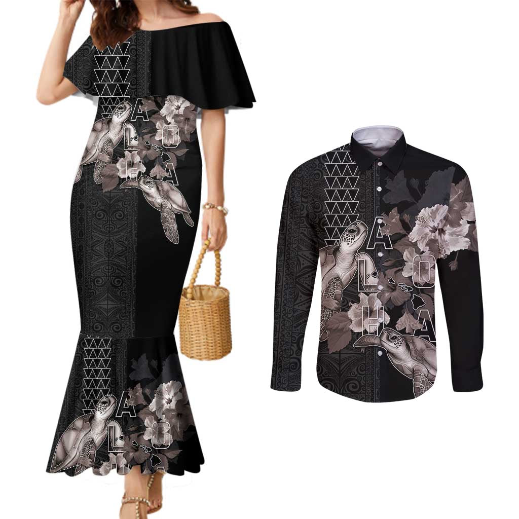 Hawaii Aloha Turtle Hibiscus and Leaves Couples Matching Mermaid Dress and Long Sleeve Button Shirt with Polynesian and Kakau Tattoos Black Color LT03 Black - Polynesian Pride
