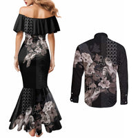 Hawaii Aloha Turtle Hibiscus and Leaves Couples Matching Mermaid Dress and Long Sleeve Button Shirt with Polynesian and Kakau Tattoos Black Color LT03 - Polynesian Pride