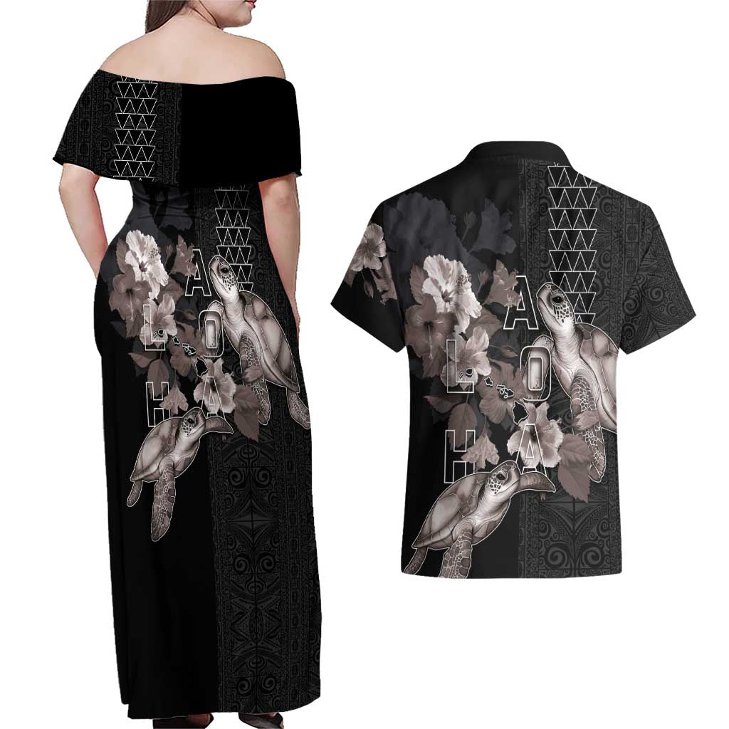 Hawaii Aloha Turtle Hibiscus and Leaves Couples Matching Off Shoulder Maxi Dress and Hawaiian Shirt with Polynesian and Kakau Tattoos Black Color LT03 - Polynesian Pride