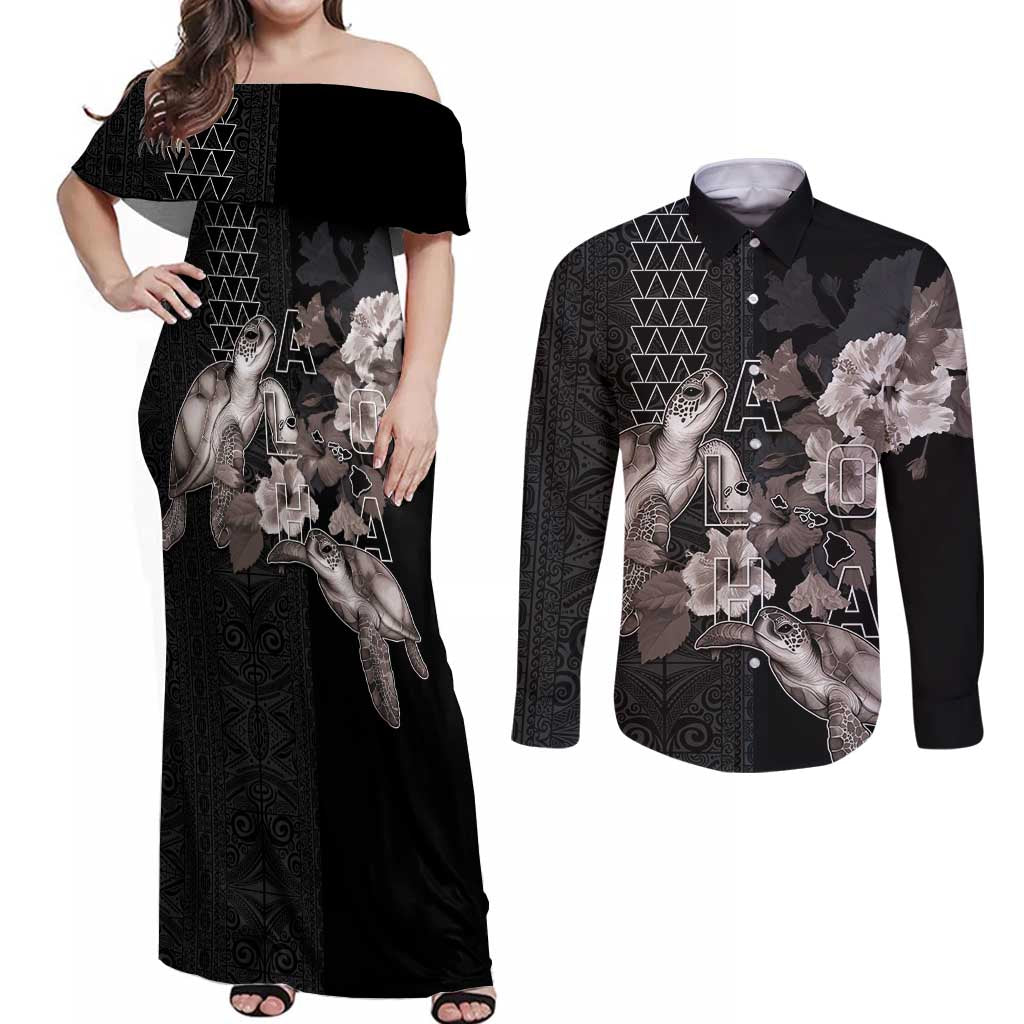 Hawaii Aloha Turtle Hibiscus and Leaves Couples Matching Off Shoulder Maxi Dress and Long Sleeve Button Shirt with Polynesian and Kakau Tattoos Black Color LT03 Black - Polynesian Pride