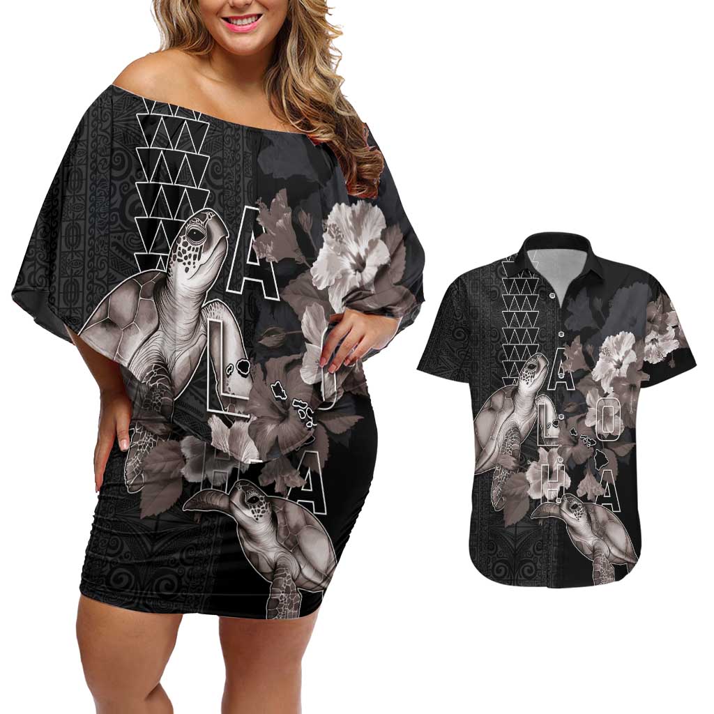 Hawaii Aloha Turtle Hibiscus and Leaves Couples Matching Off Shoulder Short Dress and Hawaiian Shirt with Polynesian and Kakau Tattoos Black Color LT03 Black - Polynesian Pride