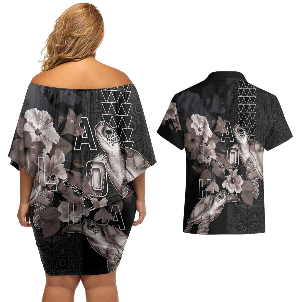 Hawaii Aloha Turtle Hibiscus and Leaves Couples Matching Off Shoulder Short Dress and Hawaiian Shirt with Polynesian and Kakau Tattoos Black Color LT03 - Polynesian Pride