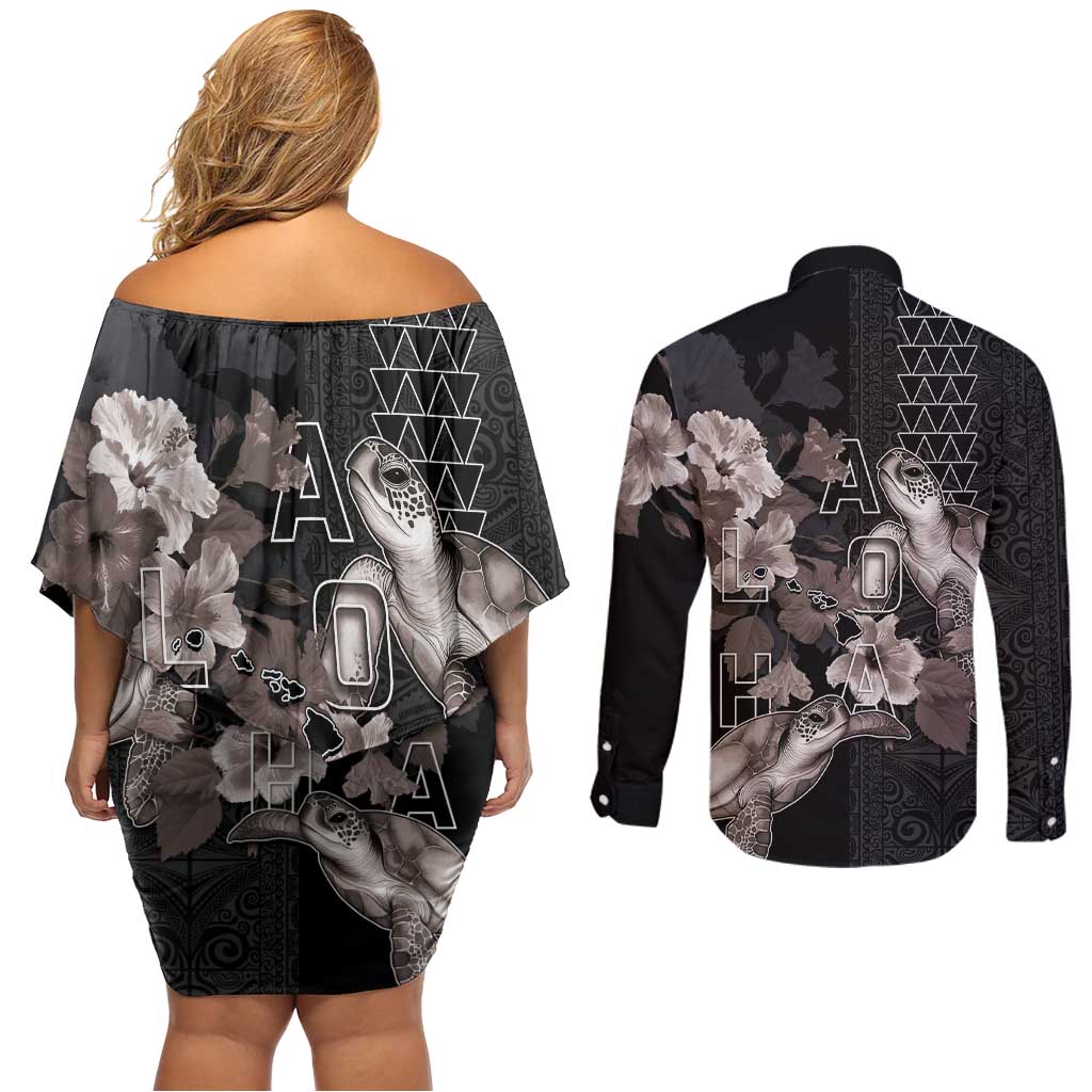 Hawaii Aloha Turtle Hibiscus and Leaves Couples Matching Off Shoulder Short Dress and Long Sleeve Button Shirt with Polynesian and Kakau Tattoos Black Color LT03 - Polynesian Pride