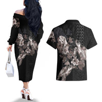 Hawaii Aloha Turtle Hibiscus and Leaves Couples Matching Off The Shoulder Long Sleeve Dress and Hawaiian Shirt with Polynesian and Kakau Tattoos Black Color LT03 - Polynesian Pride