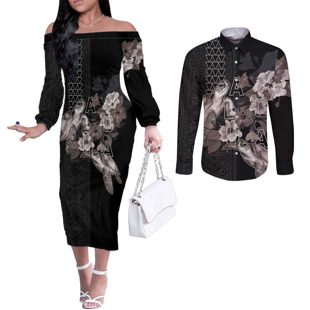Hawaii Aloha Turtle Hibiscus and Leaves Couples Matching Off The Shoulder Long Sleeve Dress and Long Sleeve Button Shirt with Polynesian and Kakau Tattoos Black Color LT03 Black - Polynesian Pride