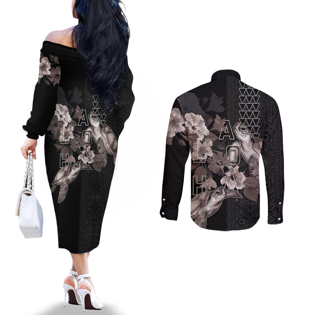 Hawaii Aloha Turtle Hibiscus and Leaves Couples Matching Off The Shoulder Long Sleeve Dress and Long Sleeve Button Shirt with Polynesian and Kakau Tattoos Black Color LT03 - Polynesian Pride