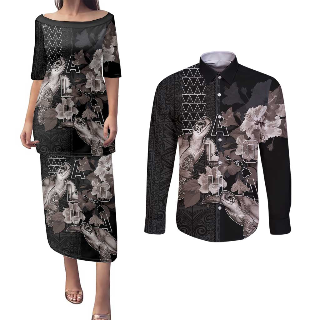 Hawaii Aloha Turtle Hibiscus and Leaves Couples Matching Puletasi and Long Sleeve Button Shirt with Polynesian and Kakau Tattoos Black Color - Polynesian Pride