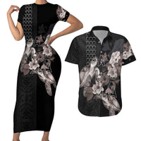 Hawaii Aloha Turtle Hibiscus and Leaves Couples Matching Short Sleeve Bodycon Dress and Hawaiian Shirt with Polynesian and Kakau Tattoos Black Color LT03 Black - Polynesian Pride