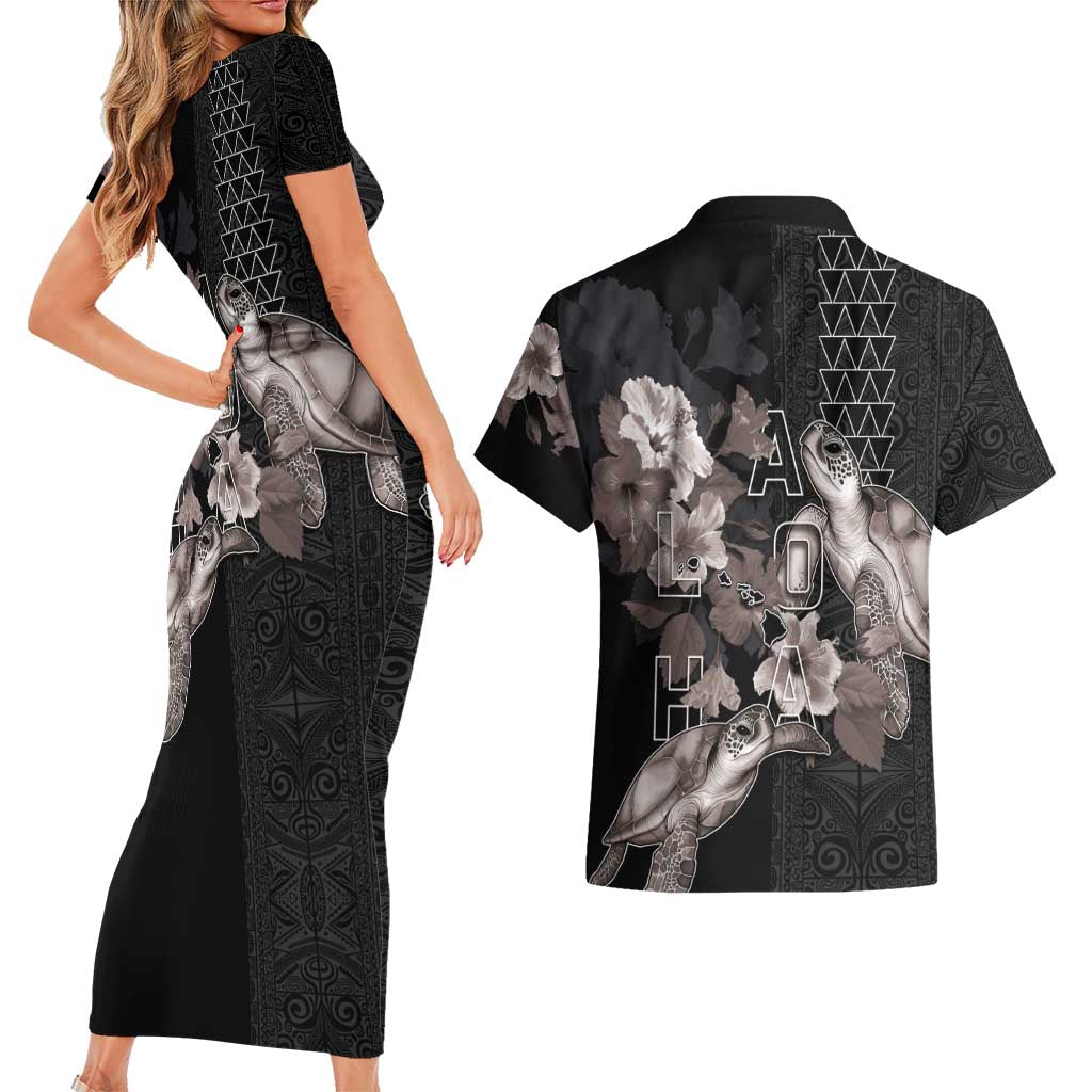 Hawaii Aloha Turtle Hibiscus and Leaves Couples Matching Short Sleeve Bodycon Dress and Hawaiian Shirt with Polynesian and Kakau Tattoos Black Color LT03 - Polynesian Pride