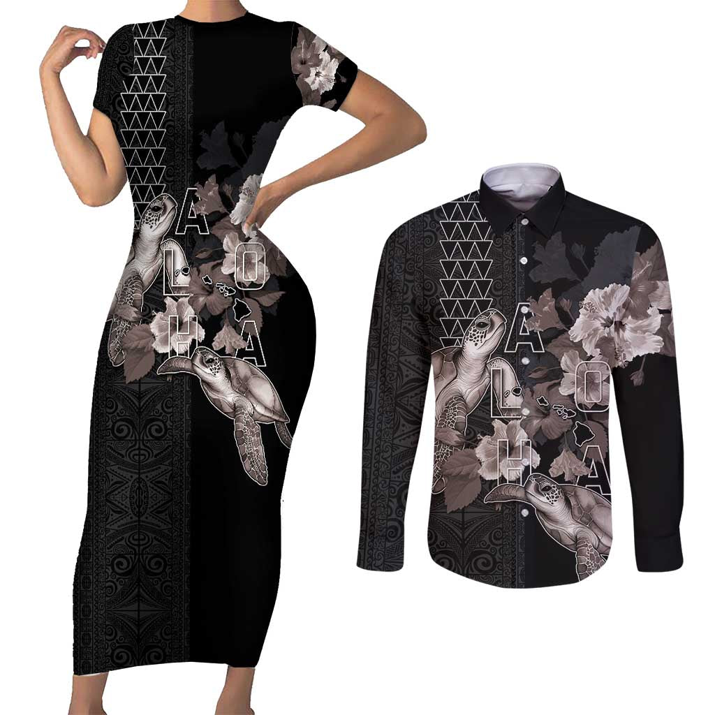 Hawaii Aloha Turtle Hibiscus and Leaves Couples Matching Short Sleeve Bodycon Dress and Long Sleeve Button Shirt with Polynesian and Kakau Tattoos Black Color LT03 Black - Polynesian Pride