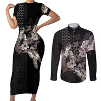 Hawaii Aloha Turtle Hibiscus and Leaves Couples Matching Short Sleeve Bodycon Dress and Long Sleeve Button Shirt with Polynesian and Kakau Tattoos Black Color LT03 Black - Polynesian Pride
