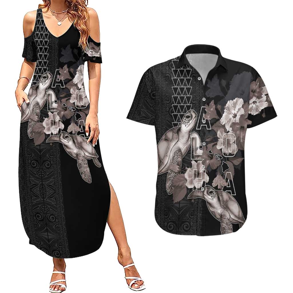 Hawaii Aloha Turtle Hibiscus and Leaves Couples Matching Summer Maxi Dress and Hawaiian Shirt with Polynesian and Kakau Tattoos Black Color LT03 Black - Polynesian Pride