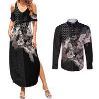 Hawaii Aloha Turtle Hibiscus and Leaves Couples Matching Summer Maxi Dress and Long Sleeve Button Shirt with Polynesian and Kakau Tattoos Black Color LT03 Black - Polynesian Pride