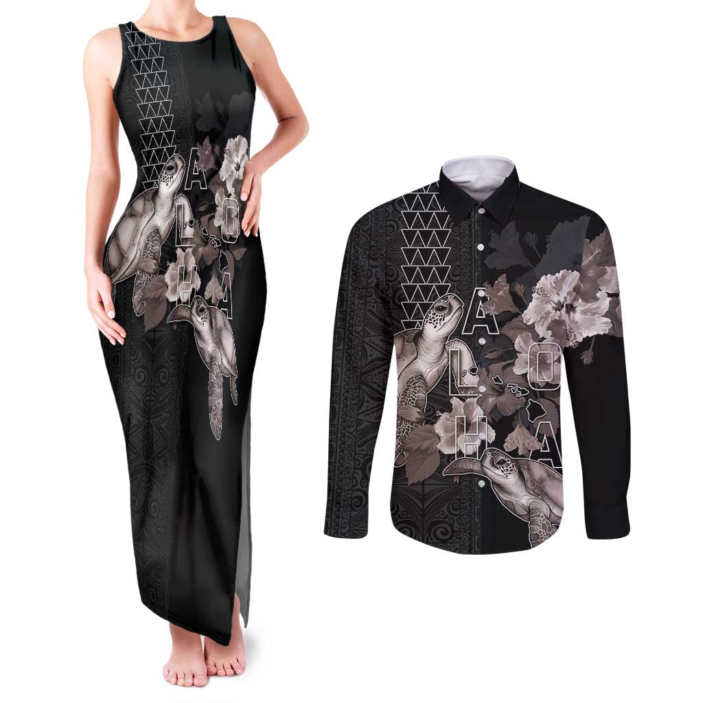 Hawaii Aloha Turtle Hibiscus and Leaves Couples Matching Tank Maxi Dress and Long Sleeve Button Shirt with Polynesian and Kakau Tattoos Black Color LT03 Black - Polynesian Pride