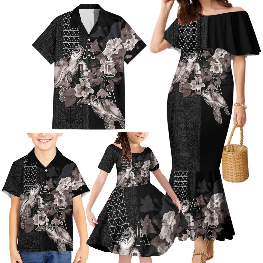 Hawaii Aloha Turtle Hibiscus and Leaves Family Matching Mermaid Dress and Hawaiian Shirt with Polynesian and Kakau Tattoos Black Color LT03 - Polynesian Pride