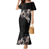 Hawaii Aloha Turtle Hibiscus and Leaves Family Matching Mermaid Dress and Hawaiian Shirt with Polynesian and Kakau Tattoos Black Color LT03 Mom's Dress Black - Polynesian Pride