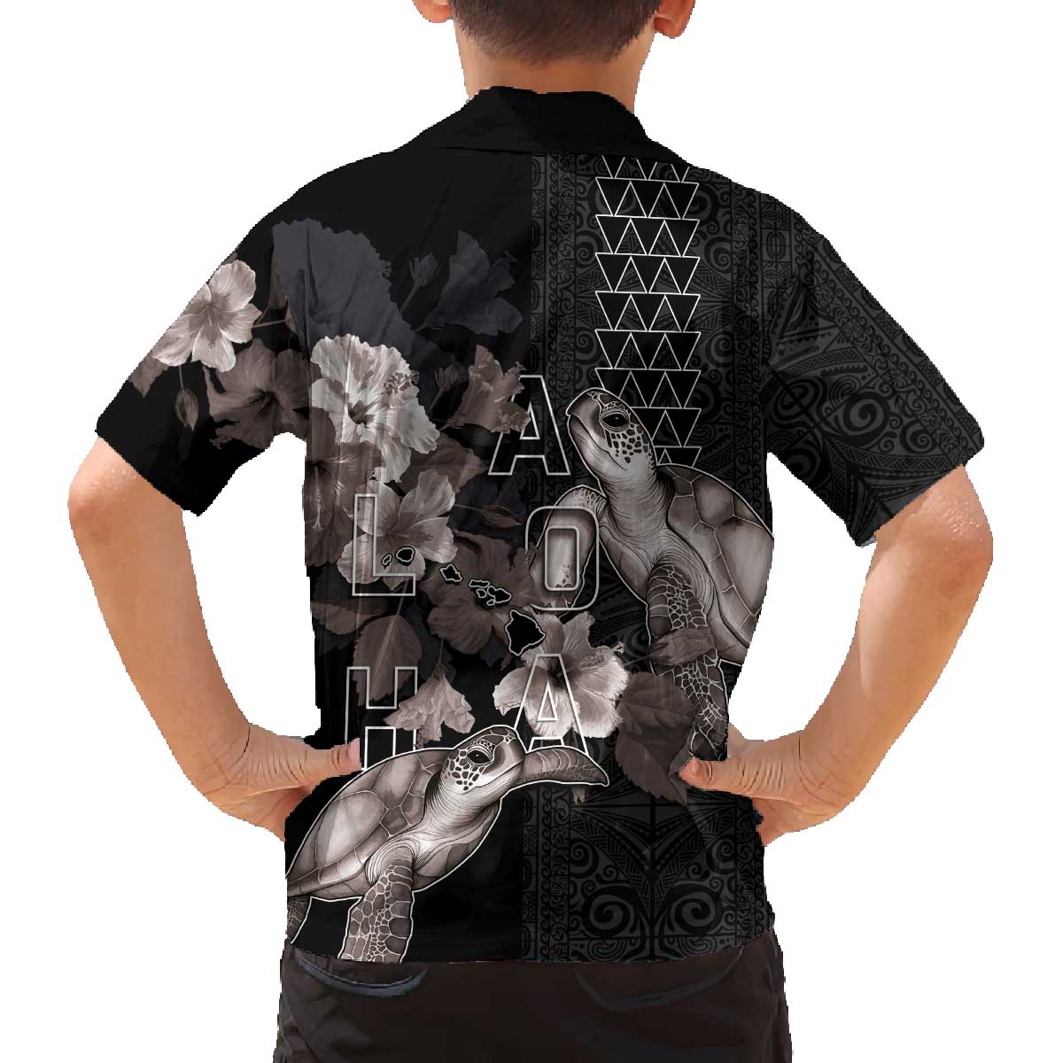 Hawaii Aloha Turtle Hibiscus and Leaves Family Matching Off The Shoulder Long Sleeve Dress and Hawaiian Shirt with Polynesian and Kakau Tattoos Black Color LT03 - Polynesian Pride