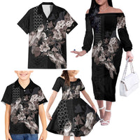 Hawaii Aloha Turtle Hibiscus and Leaves Family Matching Off The Shoulder Long Sleeve Dress and Hawaiian Shirt with Polynesian and Kakau Tattoos Black Color LT03 - Polynesian Pride