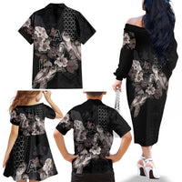 Hawaii Aloha Turtle Hibiscus and Leaves Family Matching Off The Shoulder Long Sleeve Dress and Hawaiian Shirt with Polynesian and Kakau Tattoos Black Color LT03 - Polynesian Pride