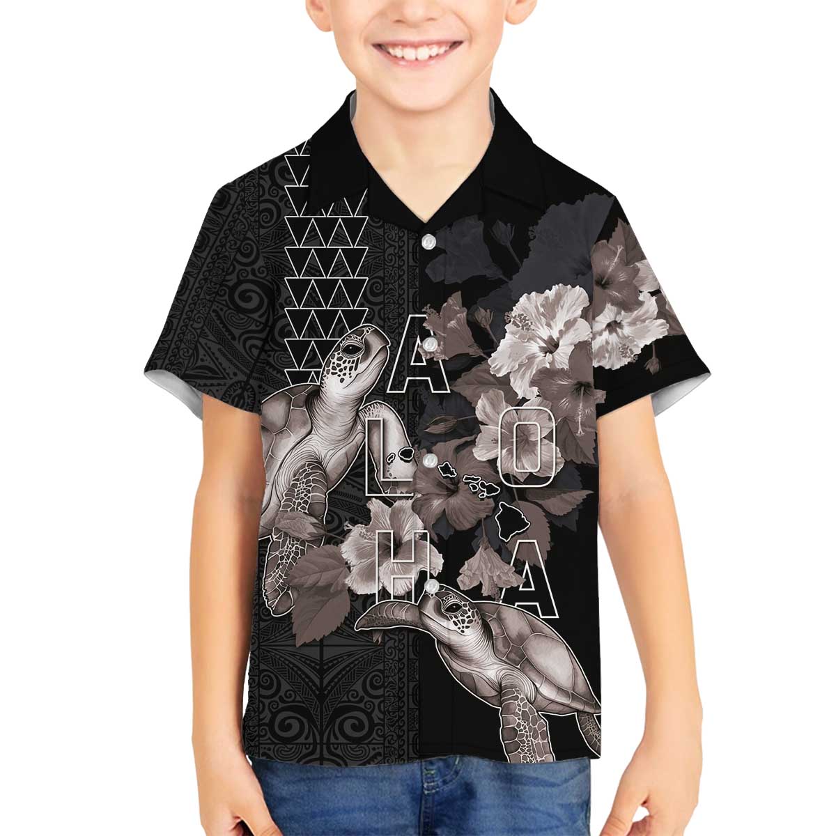Hawaii Aloha Turtle Hibiscus and Leaves Family Matching Off The Shoulder Long Sleeve Dress and Hawaiian Shirt with Polynesian and Kakau Tattoos Black Color LT03 Son's Shirt Black - Polynesian Pride