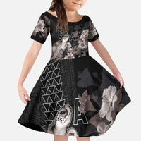 Hawaii Aloha Turtle Hibiscus and Leaves Family Matching Off Shoulder Maxi Dress and Hawaiian Shirt with Polynesian and Kakau Tattoos Black Color LT03 Daughter's Dress Black - Polynesian Pride