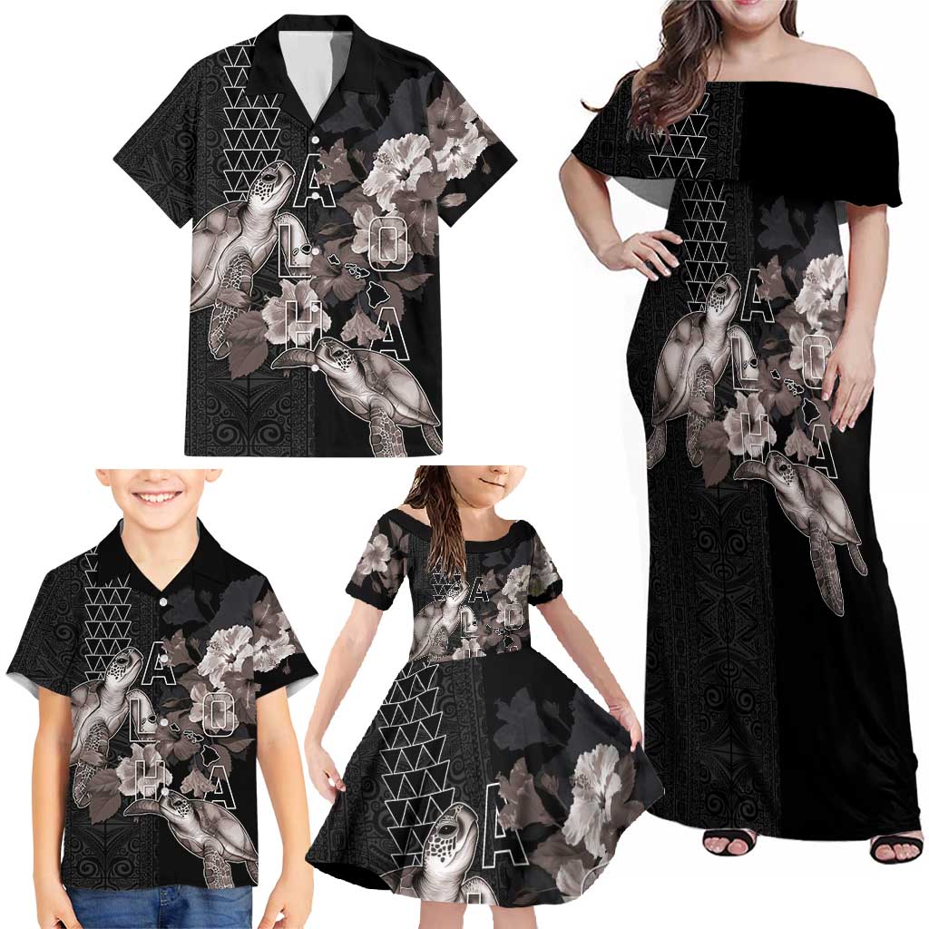 Hawaii Aloha Turtle Hibiscus and Leaves Family Matching Off Shoulder Maxi Dress and Hawaiian Shirt with Polynesian and Kakau Tattoos Black Color LT03 - Polynesian Pride