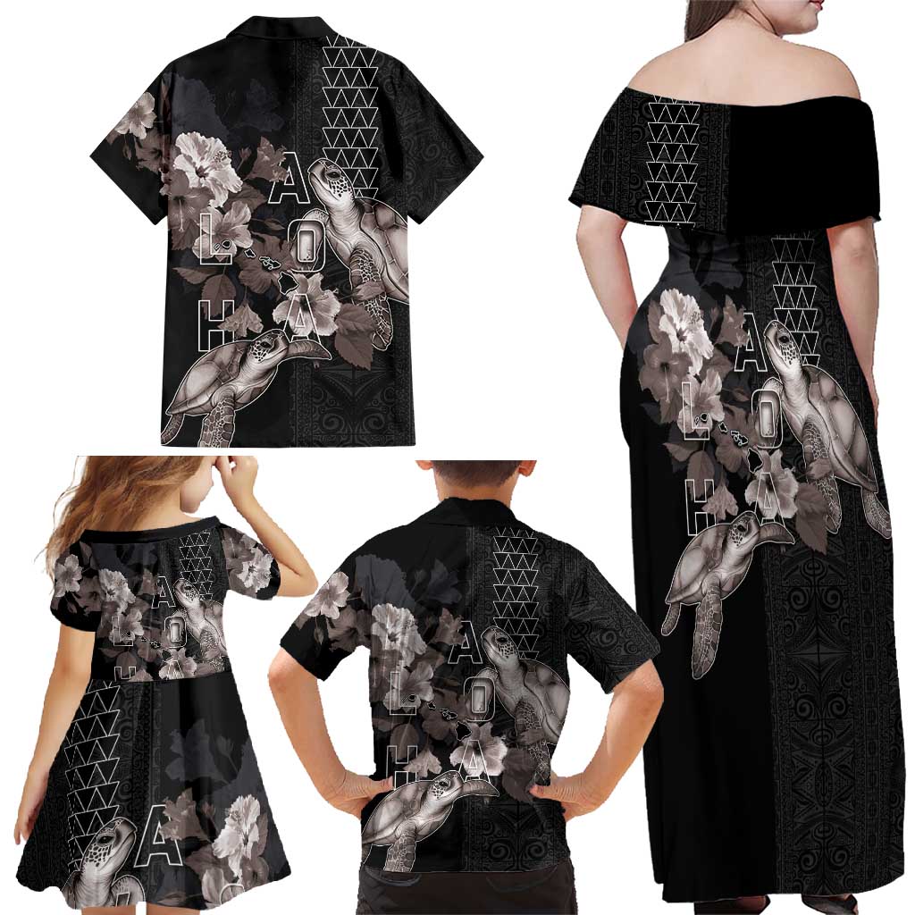 Hawaii Aloha Turtle Hibiscus and Leaves Family Matching Off Shoulder Maxi Dress and Hawaiian Shirt with Polynesian and Kakau Tattoos Black Color LT03 - Polynesian Pride