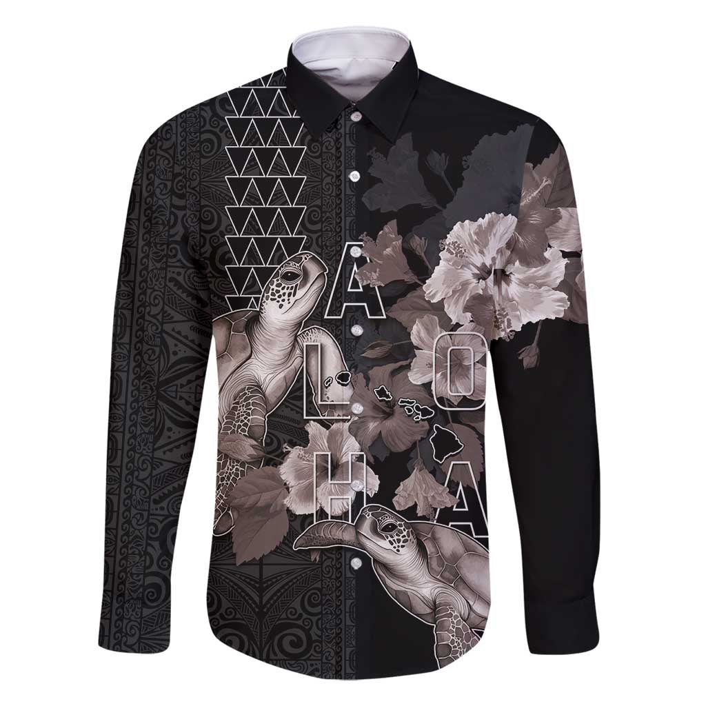 Hawaii Aloha Turtle Hibiscus and Leaves Family Matching Off Shoulder Maxi Dress and Hawaiian Shirt with Polynesian and Kakau Tattoos Black Color LT03 Dad's Shirt - Long Sleeve Black - Polynesian Pride