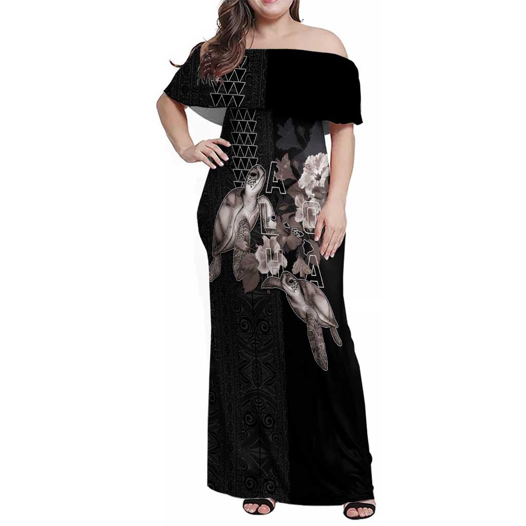 Hawaii Aloha Turtle Hibiscus and Leaves Family Matching Off Shoulder Maxi Dress and Hawaiian Shirt with Polynesian and Kakau Tattoos Black Color LT03 Mom's Dress Black - Polynesian Pride