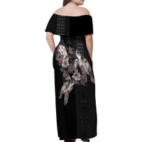 Hawaii Aloha Turtle Hibiscus and Leaves Family Matching Off Shoulder Maxi Dress and Hawaiian Shirt with Polynesian and Kakau Tattoos Black Color LT03 - Polynesian Pride