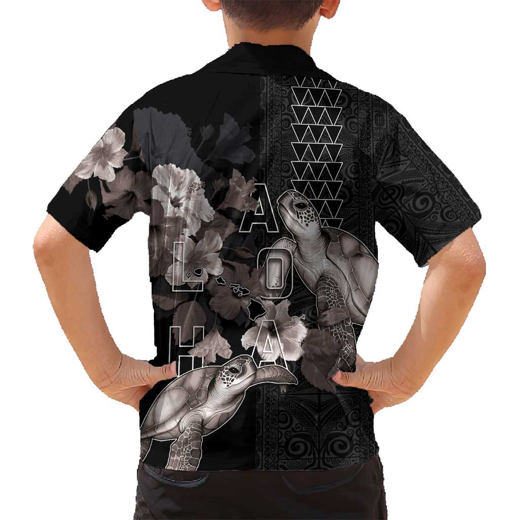 Hawaii Aloha Turtle Hibiscus and Leaves Family Matching Off Shoulder Short Dress and Hawaiian Shirt with Polynesian and Kakau Tattoos Black Color LT03 - Polynesian Pride