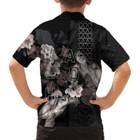 Hawaii Aloha Turtle Hibiscus and Leaves Family Matching Off Shoulder Short Dress and Hawaiian Shirt with Polynesian and Kakau Tattoos Black Color LT03 - Polynesian Pride