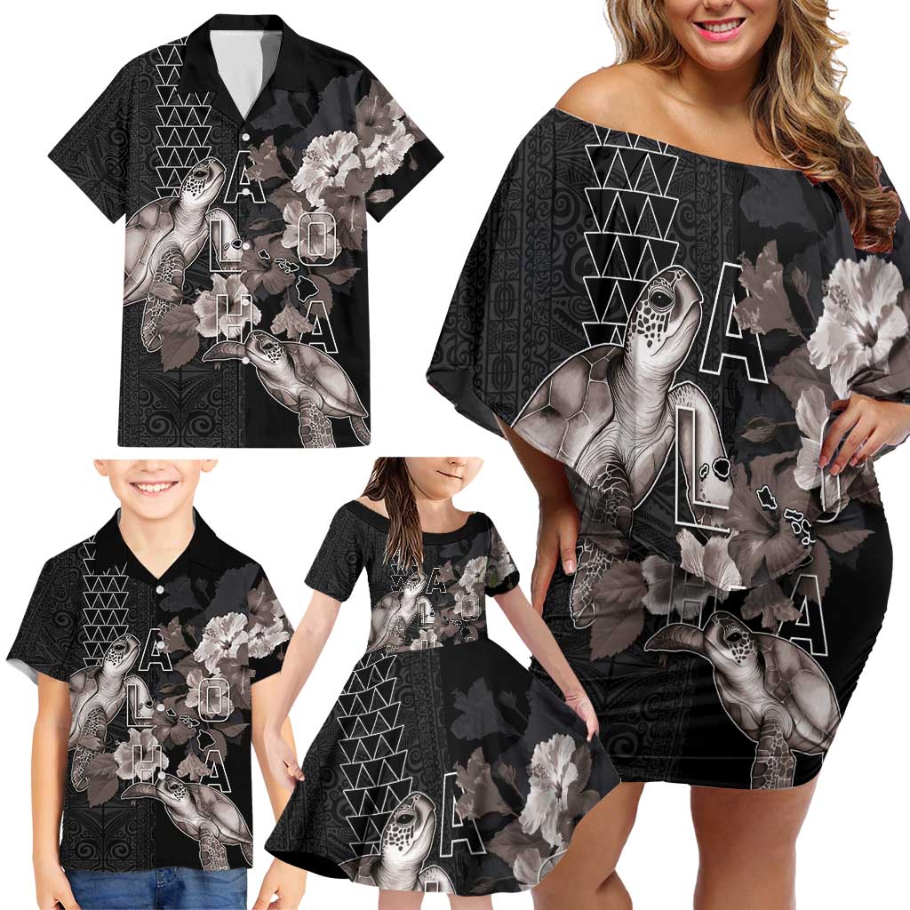 Hawaii Aloha Turtle Hibiscus and Leaves Family Matching Off Shoulder Short Dress and Hawaiian Shirt with Polynesian and Kakau Tattoos Black Color LT03 - Polynesian Pride