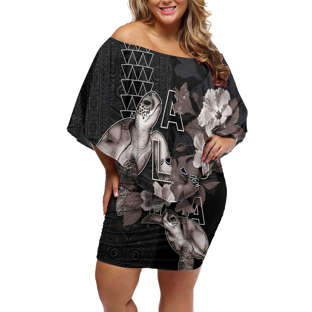 Hawaii Aloha Turtle Hibiscus and Leaves Family Matching Off Shoulder Short Dress and Hawaiian Shirt with Polynesian and Kakau Tattoos Black Color LT03 Mom's Dress Black - Polynesian Pride