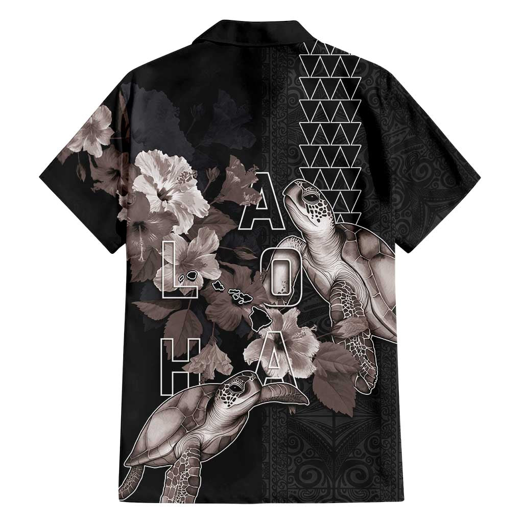 Hawaii Aloha Turtle Hibiscus and Leaves Family Matching Puletasi and Hawaiian Shirt with Polynesian and Kakau Tattoos Black Color - Polynesian Pride