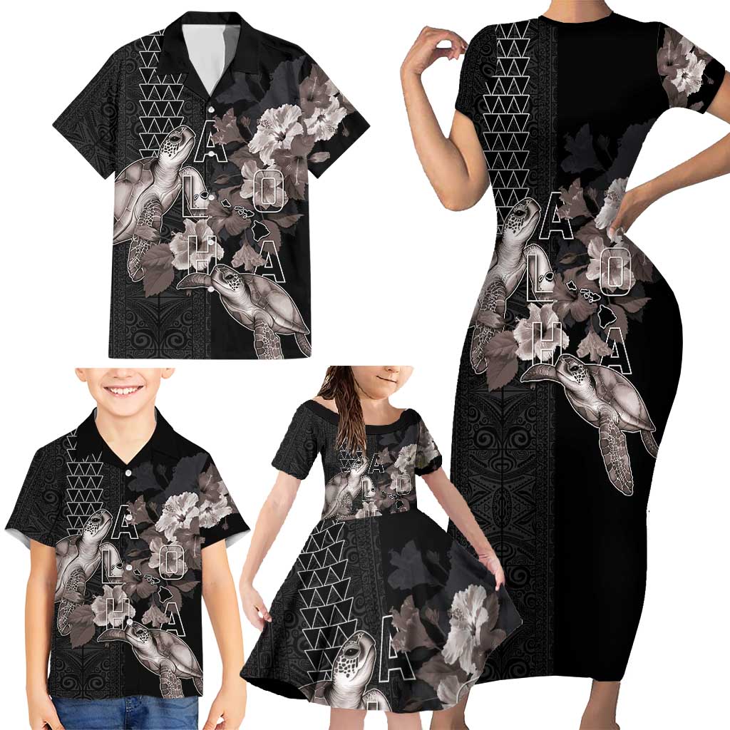 Hawaii Aloha Turtle Hibiscus and Leaves Family Matching Short Sleeve Bodycon Dress and Hawaiian Shirt with Polynesian and Kakau Tattoos Black Color LT03 - Polynesian Pride