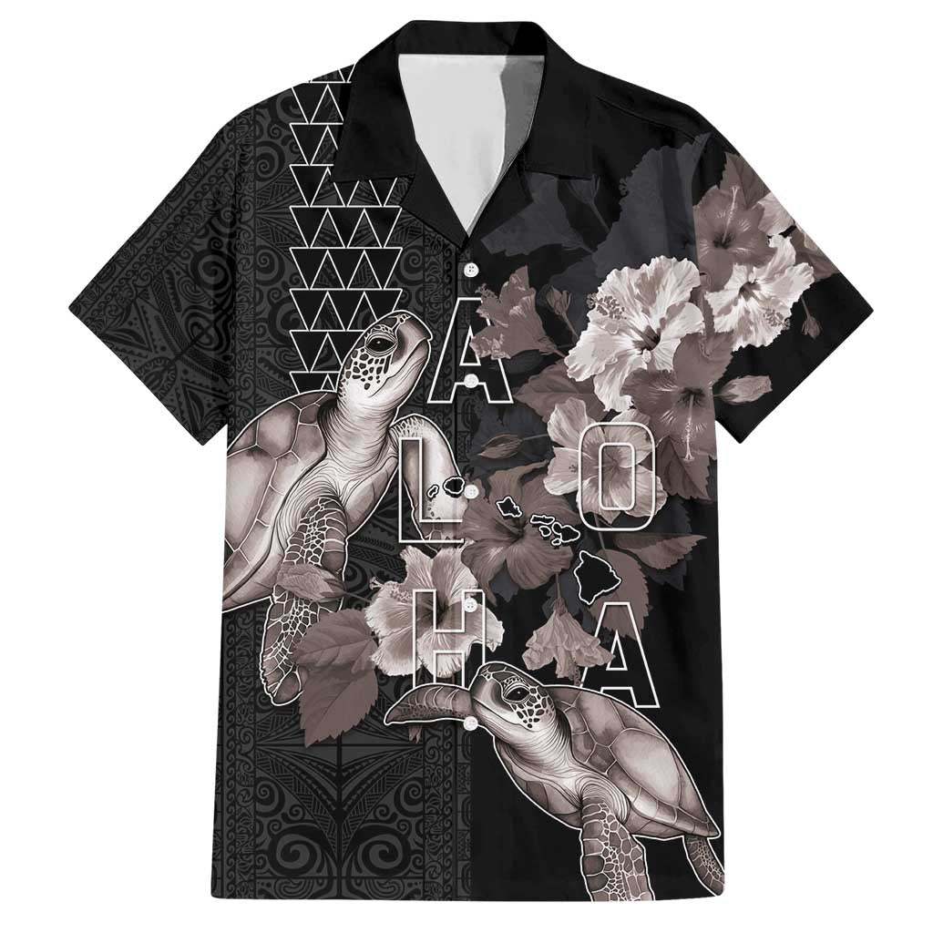 Hawaii Aloha Turtle Hibiscus and Leaves Family Matching Short Sleeve Bodycon Dress and Hawaiian Shirt with Polynesian and Kakau Tattoos Black Color LT03 Dad's Shirt - Short Sleeve Black - Polynesian Pride